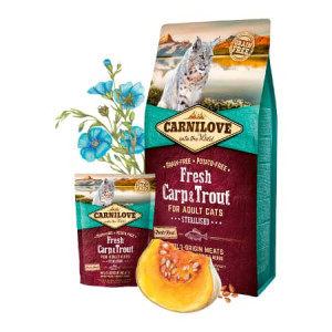 CARNILOVE CAT STERILISED CARP & TROUT sausā kaķu barība Svaiga karpa, forele 6kg